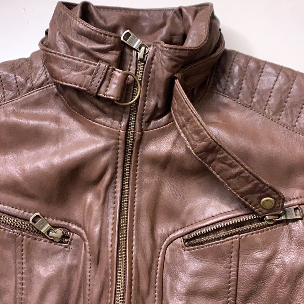 Marc New York Andrew marc chocolate brown leather high neck zip up jacket large - Picture 7 of 8